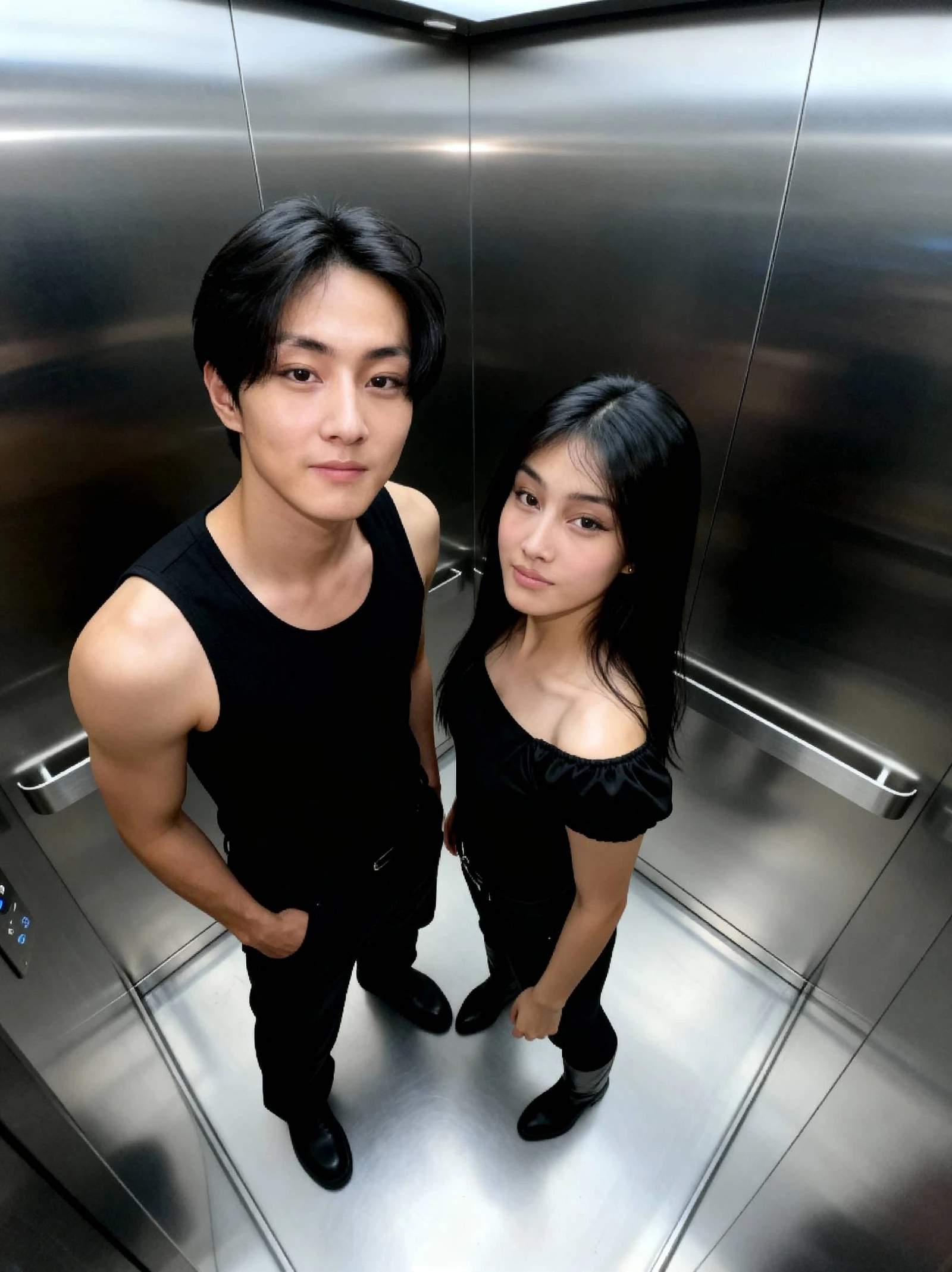 AI elevator filter comparison demonstrating celebrity-style elevator selfie transformation with modern elevator interior design